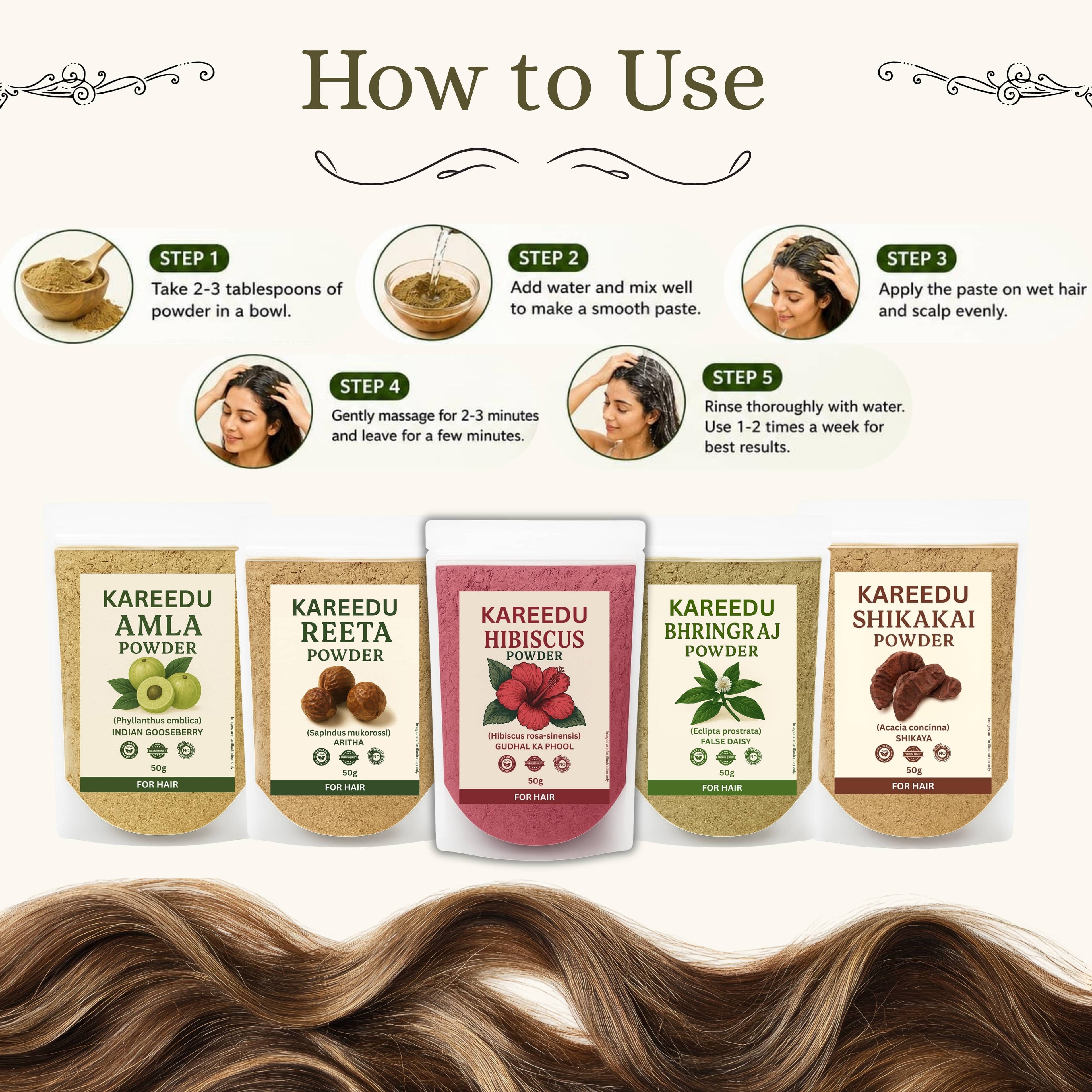 Amla Reetha Shikakai Bhringraj Hibiscus Powder For Hair Growth - 50g Each (250g Pack)